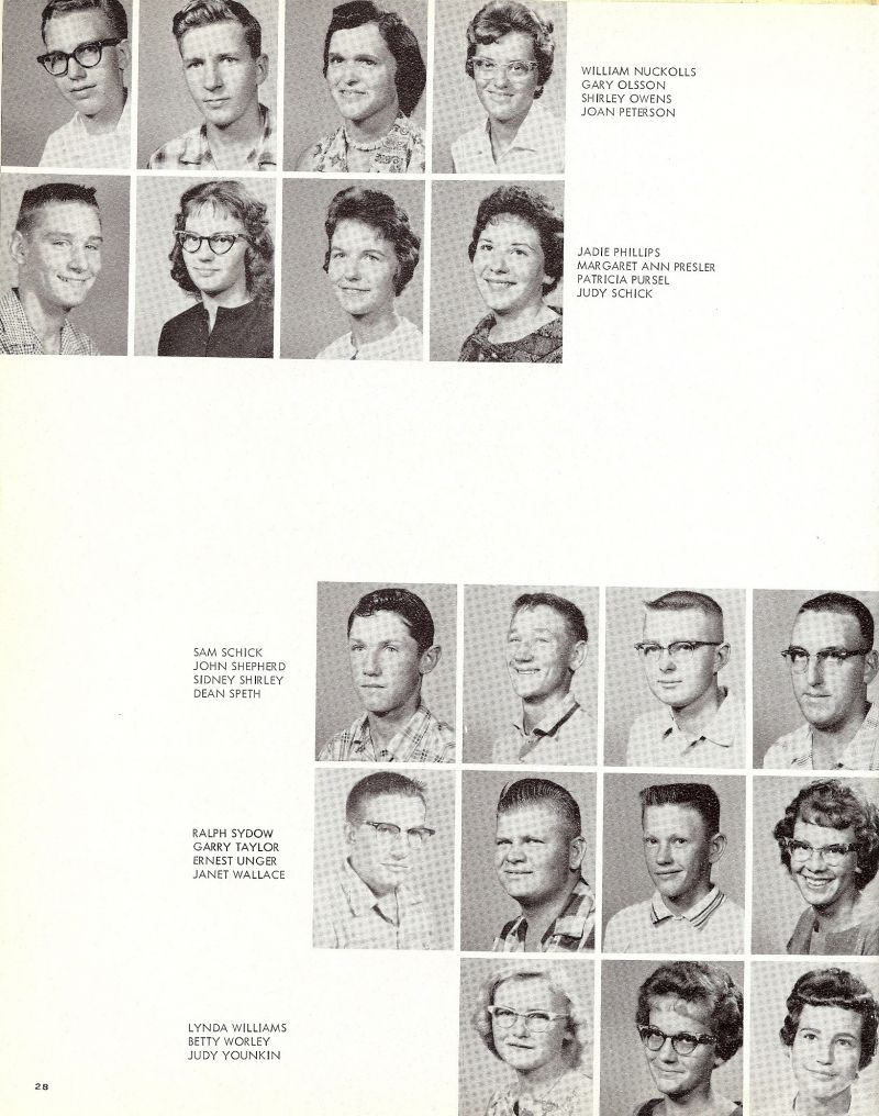 1961 William Nuckolls, Gary Olsson, Shirley Owens, Joan Peterson, Jadie Phillips, Margaret Ann Presler, Patricia Pursel, Judy Schick, Sam Schick, John Shepherd, Sidney Shirley, Sid Shirley, Dean Speth, Ralph Sydow, Garry Taylor, Ernest Unger, Ernie Unger, Janet Wallace, Lynda Williams, Betty Worley, Judy Younkin,  