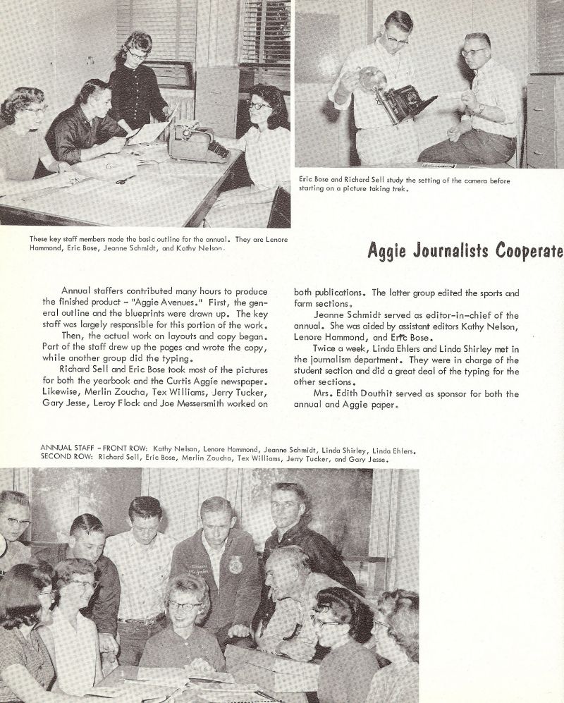 1961 Eric Bose, Richard Sell, Lenore Hammond, Eric Bose, Jeanne Schmidt, Kathy Nelson, Merlin Zoucha, Mert Zoucha, Tex Williams, Jerry Tucker, Gary Jesse, Leroy Flock, Joe Messersmith, Jeanne Schmidt, Kathy Nelson, Lenore Hammond, Linda Ehlers, Linda Shirley, Edith Douthit. 