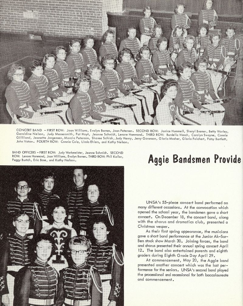 1961 Joan Williams, Evalyn Barnes, Joan Petersen, Janice Hummell, Sheryl Bremer, Betty Worley, Geraldine Nelsen, Judy Messersmith, Pat Hoyt, Jeanne Schmidt, Lenore Hammond, Burdella Wesch, Carolyn Swayne, Connie Gilliland, Jeanette Jorgensen, Marcia Peterson, Sharee Schick, Judy Henry, Jerry Goranson, Gloria Mosher, Gloria Folchert, Patsy Bartlett, John Votaw, Connie Cole, Linda Ehlers, Kathy Nelson. Band Officers: Judy Werkmeister, Jeanne Schmidt, Lenore Hammond, Joan Williams, Evalyn Barnes, Phil Keller, Peggy Burtch, Eric Bose, Kathy Nelson, 