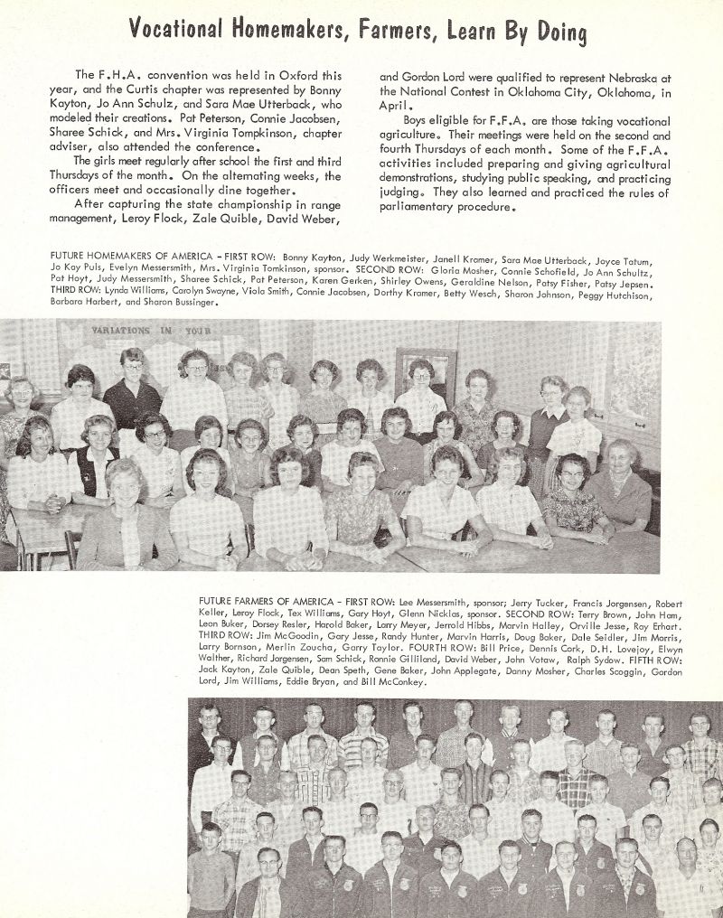 1961 Bonny Kayton, Judy Werkmeister, Janell Kramer, Sara Mae Utterback, Joyce Tatum, Jo Kay Puls, Evelyn Messersmith, Virginia Tomkinson. Gloria Mosher, Connie Scofield, Jo Ann Schultz, Pat Hoyt, Judy Messersmith, Sharee Schick, Pat Peterson, Karen Gerken, Shirley Owens, Geraldine Nelsen, Patsy Fisher, Patsy Jepsen, Lynda Williams, Carolyn Swayne, Viola Smith, Connie Jacobsen, Dorthy Kramer, Betty Wesch, Sharon Johnson, Peggy Hutchison, Barbara Harbert, Sharon Bussinger, Lee Messersmith. Jerry Tucker, Francis Jorgensen, Robert Keller, Leroy Flock, Tex Williams, Gary Hoyt, Glenn Nicklas, Terry Brown, John Ham, Leon Buker, Dorsey Resler, Harold Baker, Larry Meyer, Jerrold Hibbs, Marvin Halley, Orville Jesse, Ray Erhart, Jim McGooden, Gary Jesse, Randy Hunter, Marvin Harris, Doug Baker, Dale Seidler, Jim Morris, Larry Bornson, Mert Zoucha, Garry Taylor, Bill Price, Dennis Cork, DH Lovejoy, Elwyn Walther, Richard Jorgensen, Sam Schick, Ronnie Gilliland, David Weber, John Votaw, Ralph Sydow, Jack Kayton, Zale Quible, Dean Speth, Gene Baker, John Applegate, Danny Mosher, Charles Scoggin, Gordon Lord, Jim Williams, Eddie Bryan, Bill McConkey,