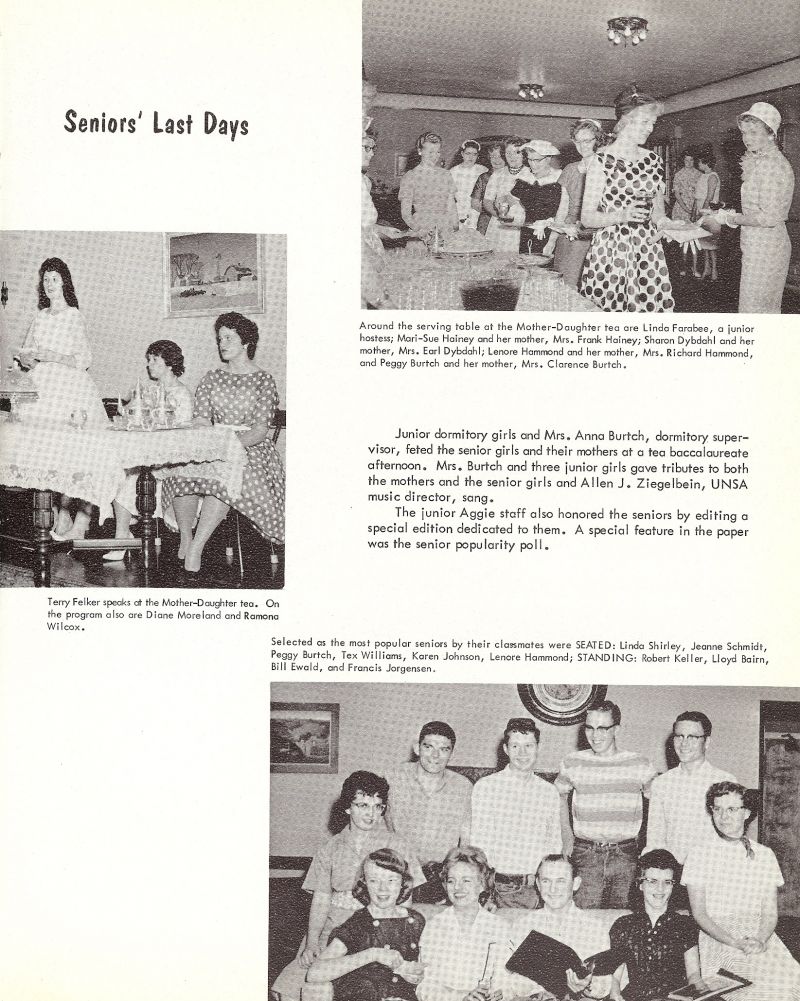 1961 Linda Farabee, Mara-Sue Hainey, Sharon Dybdahl, Lenore Hammond, Peggy Burtch, Anna Burtch. Mom Burtch. Terry Felker, Diane Moreland, Ramona Wilcox, Linda Shirley, Jeanne Schmidt, Peggy Burtch, Tex Williams, Karen Johnson, Lenore Hammond, Robert Keller, Lloyd Bairn, Bill Ewald, Francis Jorgernsen, 