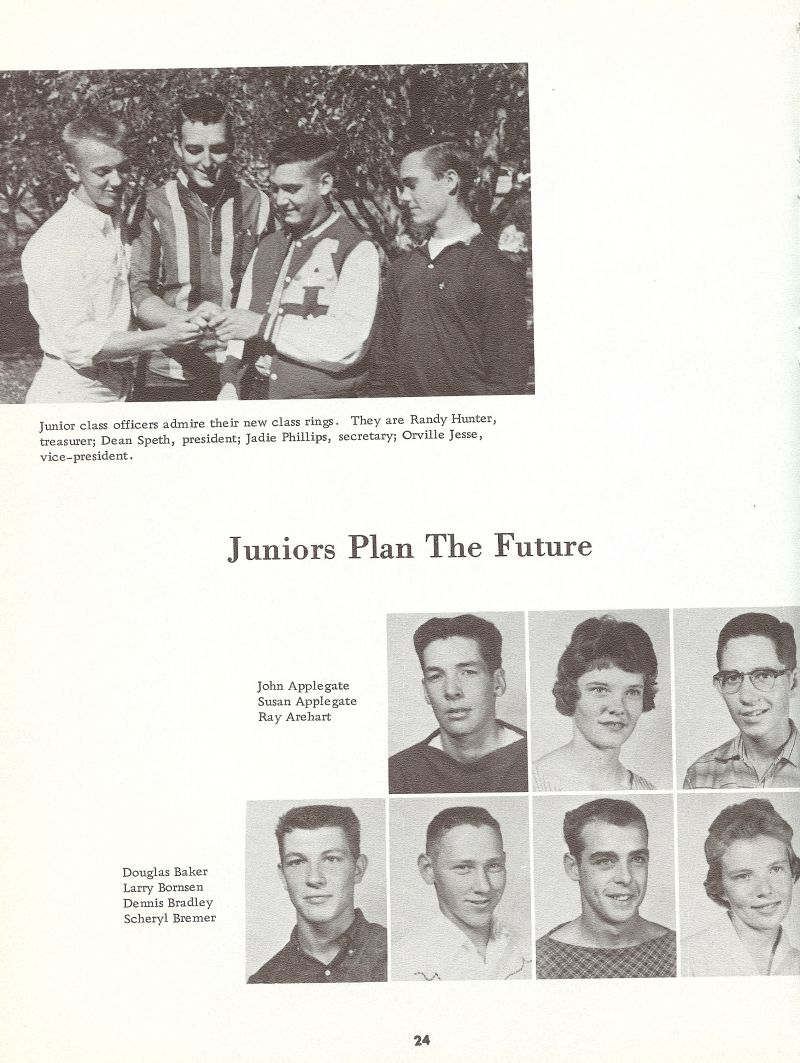 1962 Randy Hunter, Dean Speth, Jadie Phillips, Orville Jesse, John Applegate, Susan Applegate, Ray Arehart, Douglas Baker, Doug Baker, Larry Bornsen, Dennis Bradley, Scheryl Bremer, 