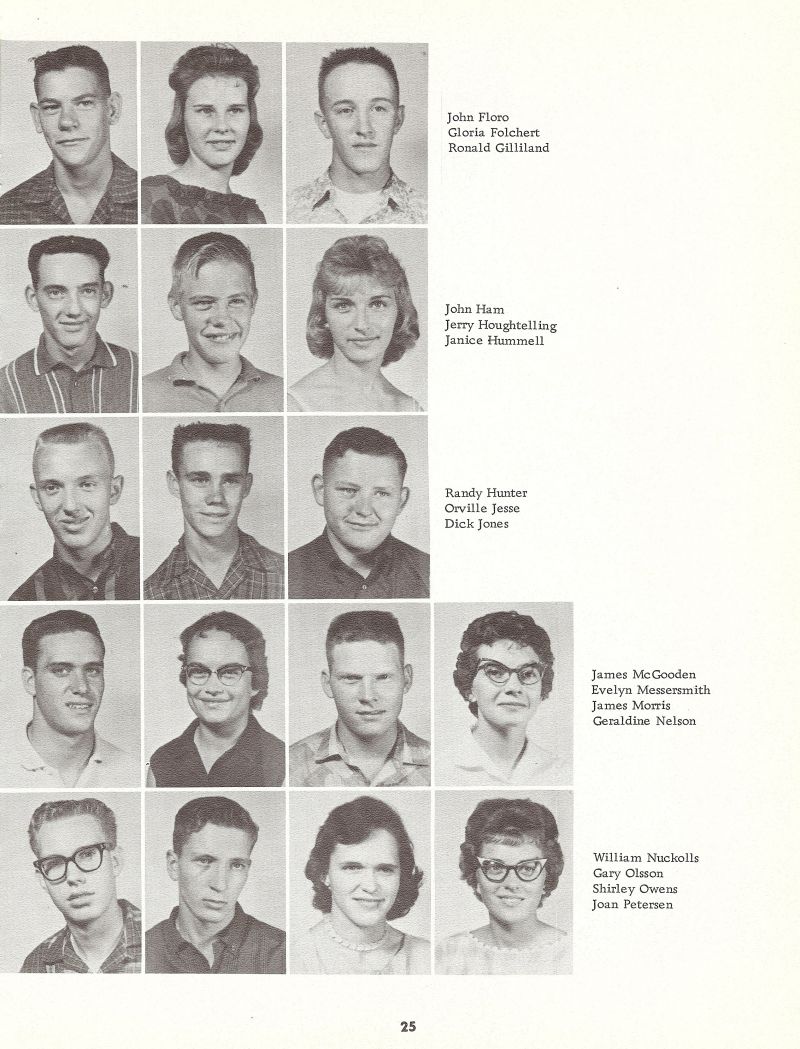 1962 John Floro, Gloria Folchert, Ronald Gilliland, Ron Gilliland, John Ham, Jerry Houghtelling, Janice Hummell, Randy Hunter, Orville Jesse, Dick Jones, James McGooden, Jim McGooden, Evelyn Messersmith, James Morris, Geraldine Nelsen, William Nuckolls, Gary Olsson, Shirley Owens, Joan Petersen,