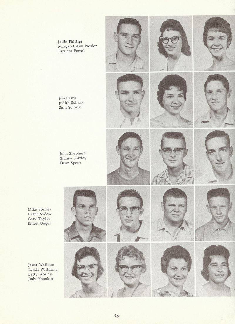 1962 Jadie Phillips, Margaret Ann Presler, Patricia Pursel, Jim Sams, Judith Schick, Sam Schick, John Shepherd, Sidney Shirley, Sid Shirley, Dean Speth, Mike Steiner, Ralph Sydow, Gary Taylor, Ernest Unger, Ernie Unger, Janet Wallace Lynda Williams, Betty Worley, Judy Younkin,