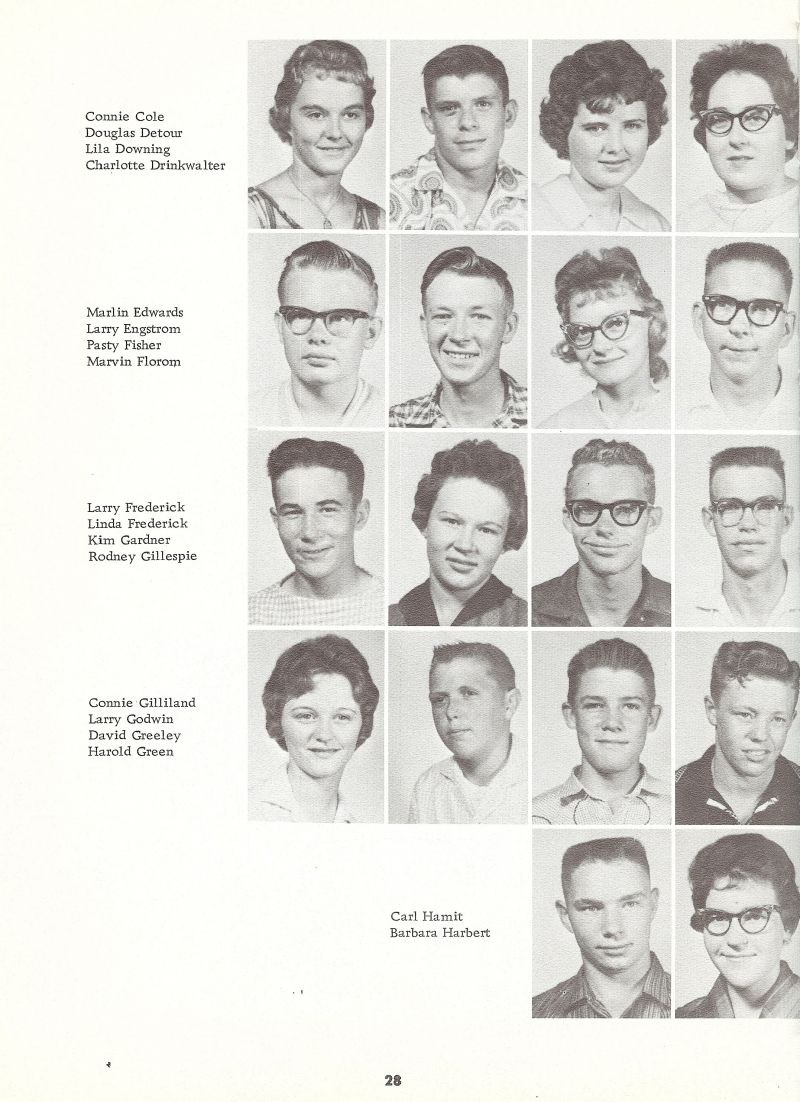 1962 Connie Cole, Douglas Detour, Doug Detour, Lila Downing, Charlotte Drinkwalter, Marlin Edwards, Patsy Fisher, Marvin Florom, Larry Frederick, Linda Frederick, Kim Gardner, Rodney Gillespie, Rod Gillespie, Connie Gilliland, Larry Godwin, David Greeley, Harold Green, Buck Green, Carl Hamit, Barbara Harbert, Barb Harbert,