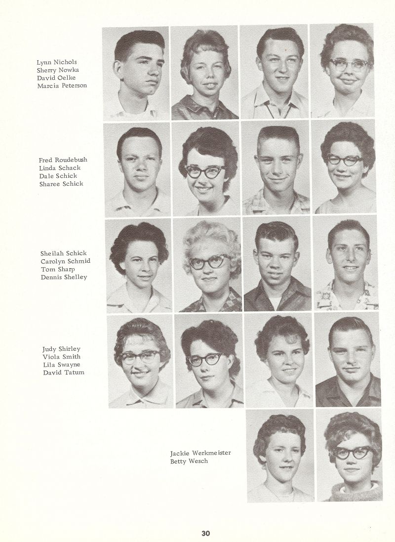 1962 Lynn Nichols, Sherry Nowka, David Oelke, Marcia Peterson, Fred Roudebush, Linda Schack, Dale Schick, Sharee Schick, Sheilah Schick, Carolyn Schmid, Tom Sharp, Dennis Shelley, Judy Shirley, Viola Smith, Lila Swayne, David Tatum, Dave Tatum, Jackie Werkmeister, Betty Wesch,