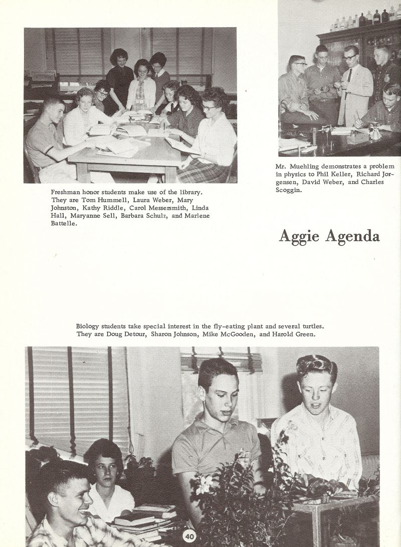 1962 Tom Hummell, Laura Weber, Mary Johnston, Kathy Riddle, Carol Messersmith, Linda Hall, Maryanne Sell, Barbara Schulz, Marlene Battelle, Mr. Muehling. Phil Keller, Richard Jorgensen, David Weber, Charles Scoggin, Doug Detour, Sharon Johnson, Mike McGooden, Harold Green, Buck Green, 