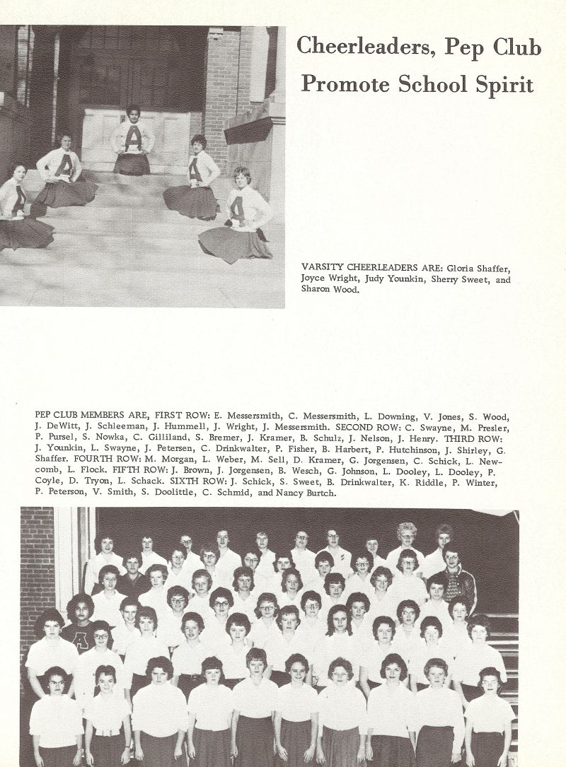1962 Gloria Shaffer, Joyce Wright, Judy Younkin, Sherry Sweet, Sharon Wood, Messersmith, Downing, Jones, Wood, Dewitt, Schleeman, Hummell, Wright, Swayne, Presler, Pursel, Nowka, Gilliland, Bremer, Kramer, Schulz, Nelson, Henry, Younkin, Swayne, Petersen, Drinkwalter, Fisher, Harbert, Hutchinson, Shirley, Shaffer, Morgan, Weber, Sell, Kramer, Jorgensen, Schick, Newcomb, Flock, Brown, Jorgensen, Wesch, Johnson, Dooley, Coyle, Tryon, Schack, Schick, Sweet, Drinwalter, Riddle, Winter, Peterson, Smith, Doolittle, Schmid, Burtch,  