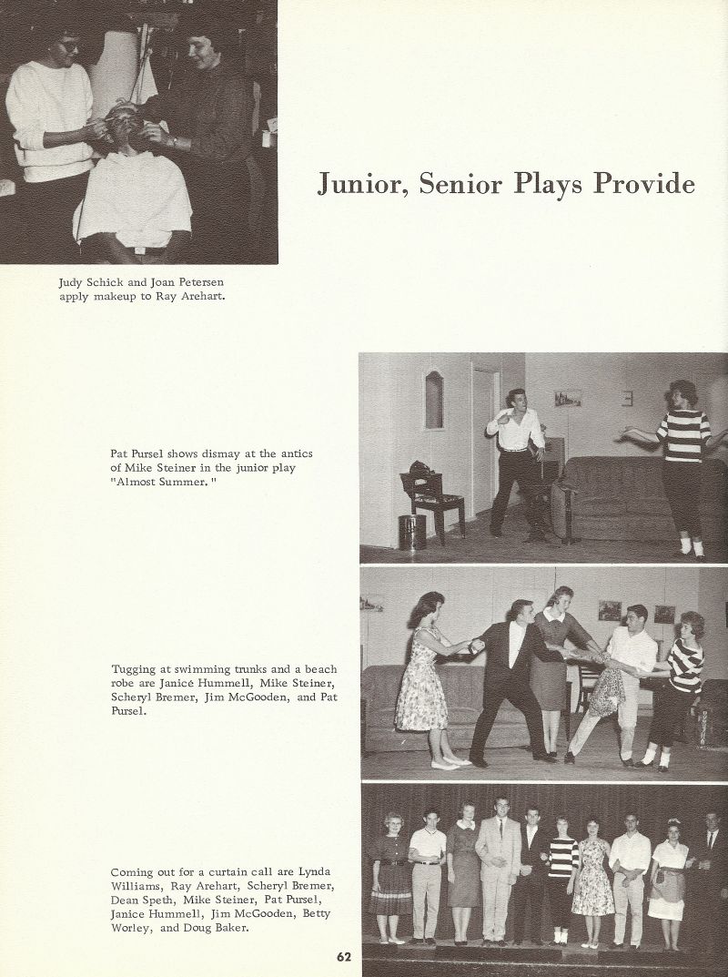 1962 Judy Schick, Joan Petersen, Ray Arehart, Pat Pursel, Mike Steiner, Janice Hummell, Mike Steiner, Scherly Bremer, Jim McGooden, Pat Pursel, Lynda Williams, Ray Arehart, Scheryl Bremer, Dean Speth, Mike Steiner, Pat Pursel, Janice Hummell, Jim McGooden, Betty Worley, Doug Baker, 