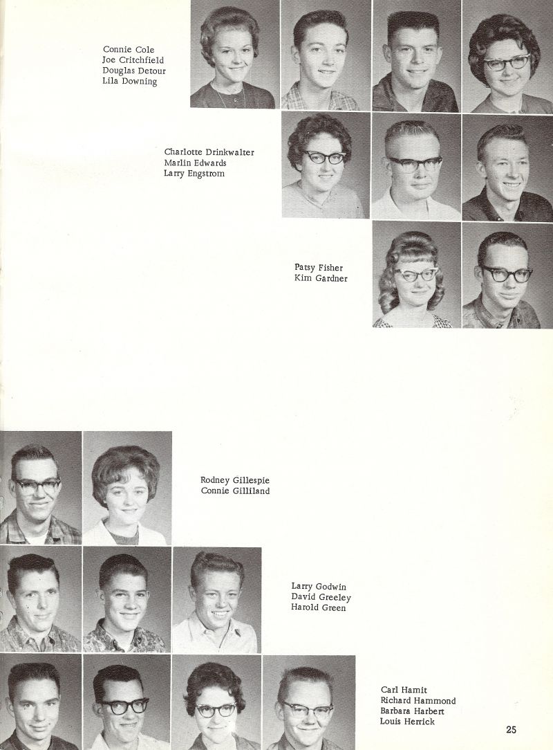 1963 Connie Cole, Joe Critchfield, Douglas Detour, Doug Detour, Charlotte Drinkwalter, Marlin Edwards, Larry Engstrom, Patsy Fisher, Kim Gardner, Rodney Gillespie, Rod Gillespie, Connie Gilliland, Larry Godwin, David Greeley, Harold Green, Buck Green, Carl Hamit, Richard Hammond, Barbara Harbert, Lois Herrick, 