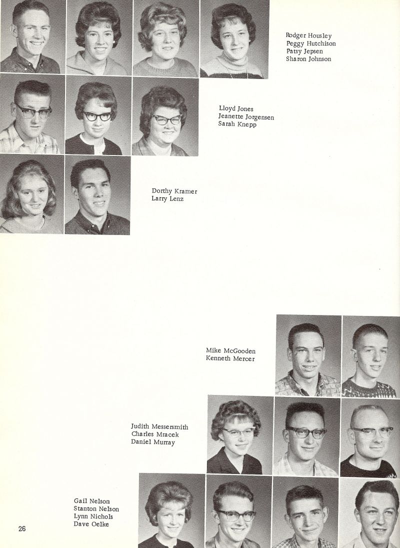 1963 Rodger Housley, Peggy Hutchison, Patsy Jepsen, Sharon Johnson, Lloyd Jones, Jeanette Jorgensen, Sarah Knepp, Dorothy Kramer, Larry Lenz, Mike McGooden, Kenneth Mercer, Ken Mercer, Judith Messersmith, Judy Messersmith, Charles Mracek, Daniel Murray, Dan Murray, Gail Nelson, Stanton Nelson, Stan Nelson, Lynn Nichols, Dave Oelke,  