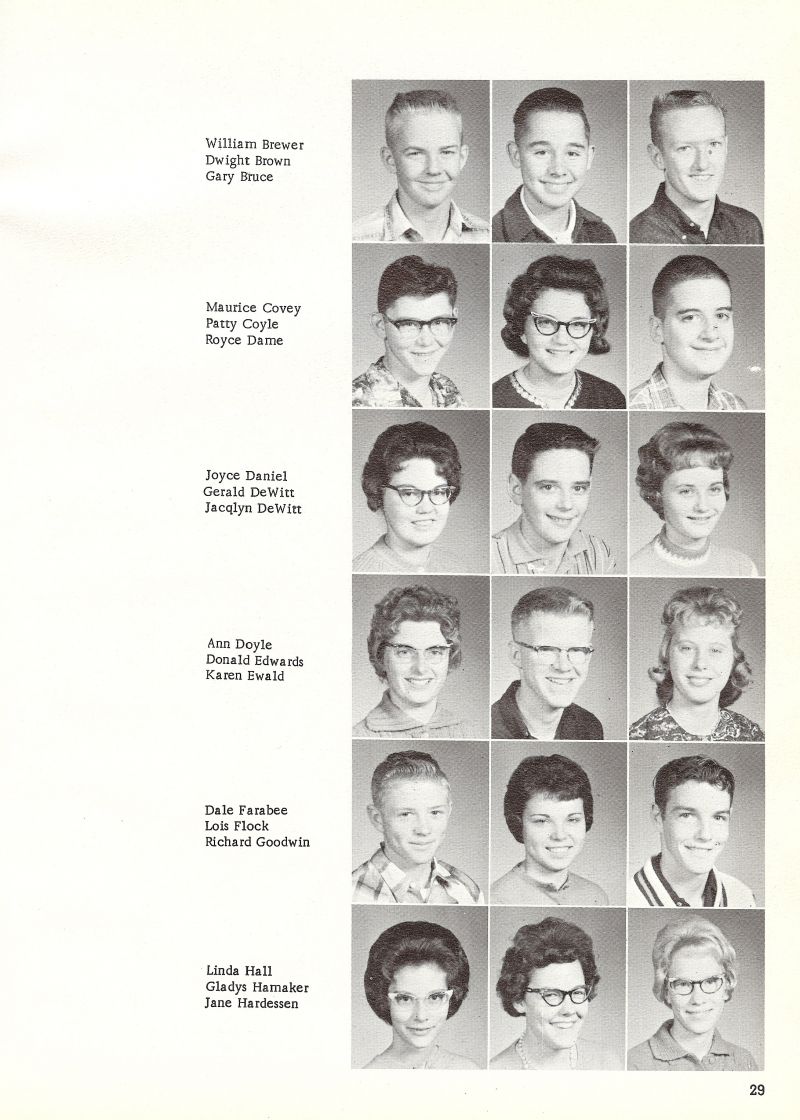 1963 William Brewer, Dwight Brown, Gary Bruce, Maurice Covey, Patty Coyle, Royce Dame, Joyce Daniel, Gerald DeWitt, Jacqlyn DeWitt, Ann Doyle, Donald Edwards, Don Edwards, Karen Ewald, Dale Farabee, Lois Flock, Lois Ann Flock, Richard Goodwin, Linda Hall, Gladys Hamaker, Jane Hardessen,