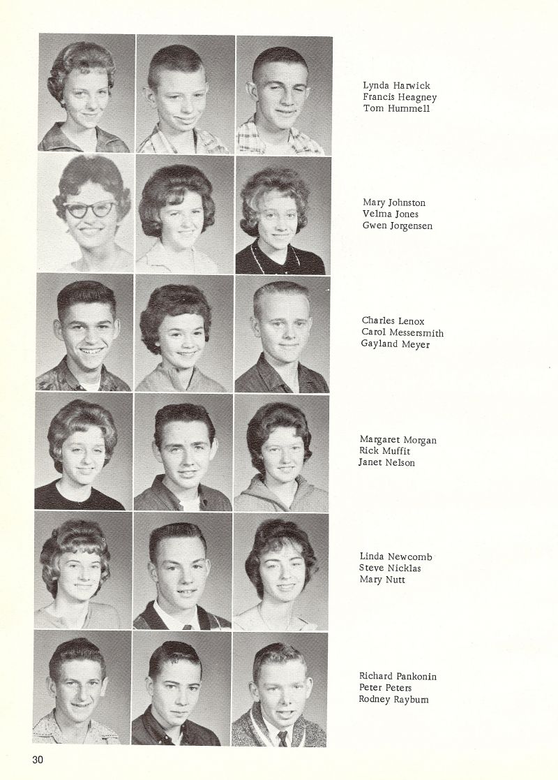 1963 Lynda Harwick, Francis Heagney, Tom Hummell, Mary Johnston, Velma Jones, Gwen Jorgesen, Charles Lenox, Carol Messersmith, Gayland Meyer, Margaret Morgan, Rick Muffit, Janet Nelson, Linda Newcomb, Mary Nutt, Richard Pankonin, Peter Peters, Pete Peters, Rodney Rayburn,