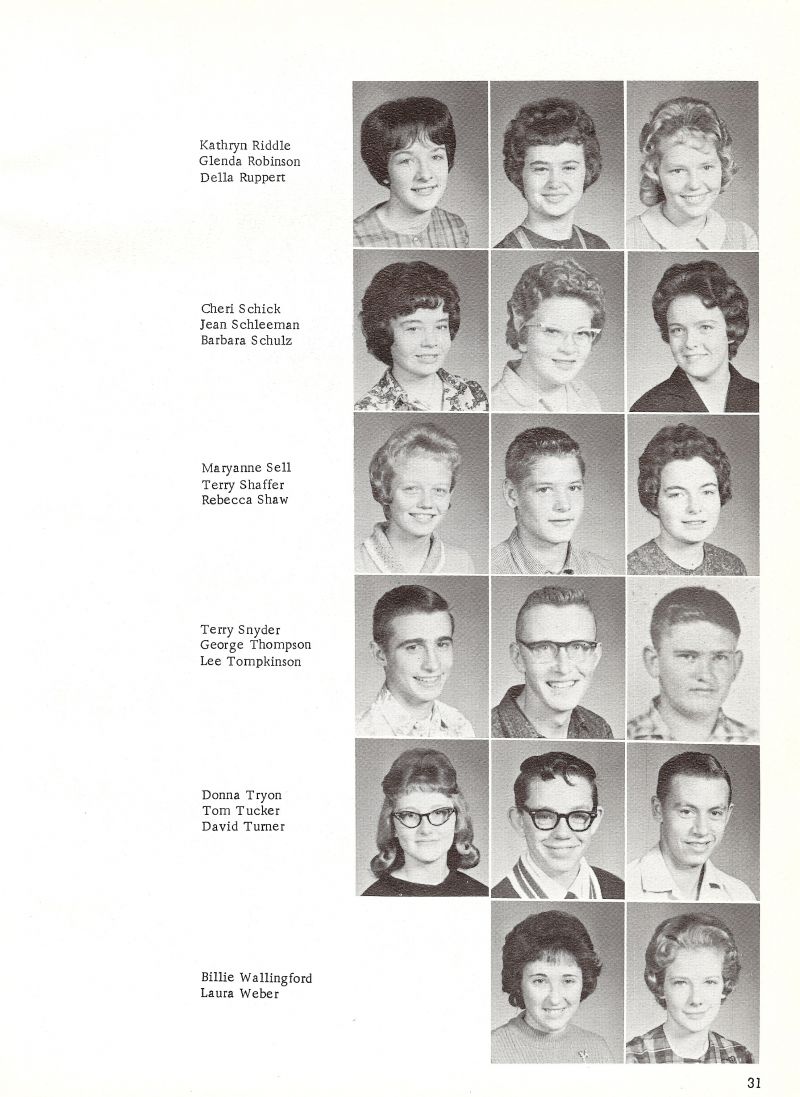 1963 Kathryn Riddle, Glenda Robinson, Della Ruppert, Cheri Schick, jean Schleeman, Barbara Schulz, Maryanne Sell, Terry Shaffer, Rebecca Shaw, Terry Snyder, George Thompson, Lee Tompkinson, Donna Tryon, Tom Tucker, David Turner, Billee Wallingford, Laura Weber,