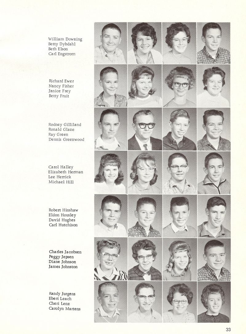 1963 William Downing, Betty Dybdahl, Beth Elson, Carl Engstrom, Richard Ewer, Nancy Fisher, Janice Frey, Betty Fruit, Rodney Gilliland, Rod Gilliland, Ronald Glaze, Ray Green, Dennis Greenwood, Carol Halley, Elizabeth Herman, Lee Herrick, Michael Hill, Robert Hinshaw, David Hughes, Carl Hutchison, Charles Jacobesen, Peggy Jepsen, Diane Johnson, James Johnston, Randy Jurgens, Ebert Leach, Cheri Lenz, Carolyn Martens,  