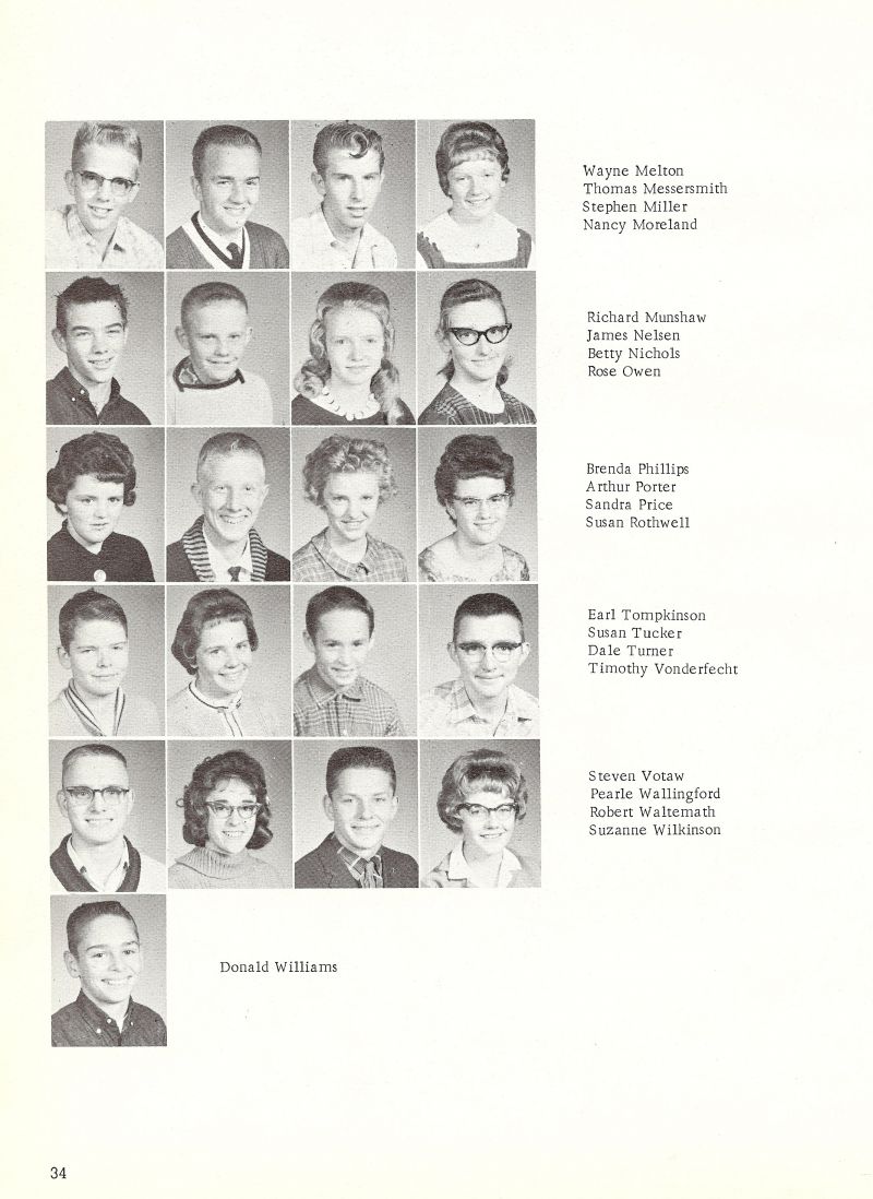 1963 Wayne Melton, Thomas Messersmith, Tom Messersmith, Stephen Miller, Nancy Moreland, Richard Munshaw, James Nelsen, Betty Nichols, Rose Owen, Brenda Phillips, Arthur Porter, Sandra Price, Susan Rothwell, Earl Tompkinson, Susan Tucker, Dale Turner, Timothy Vonderfecht, Seven Votaw, Pearle Wallingford, Robert Waltemath, Suzanne Wilkinson, Don Williams,