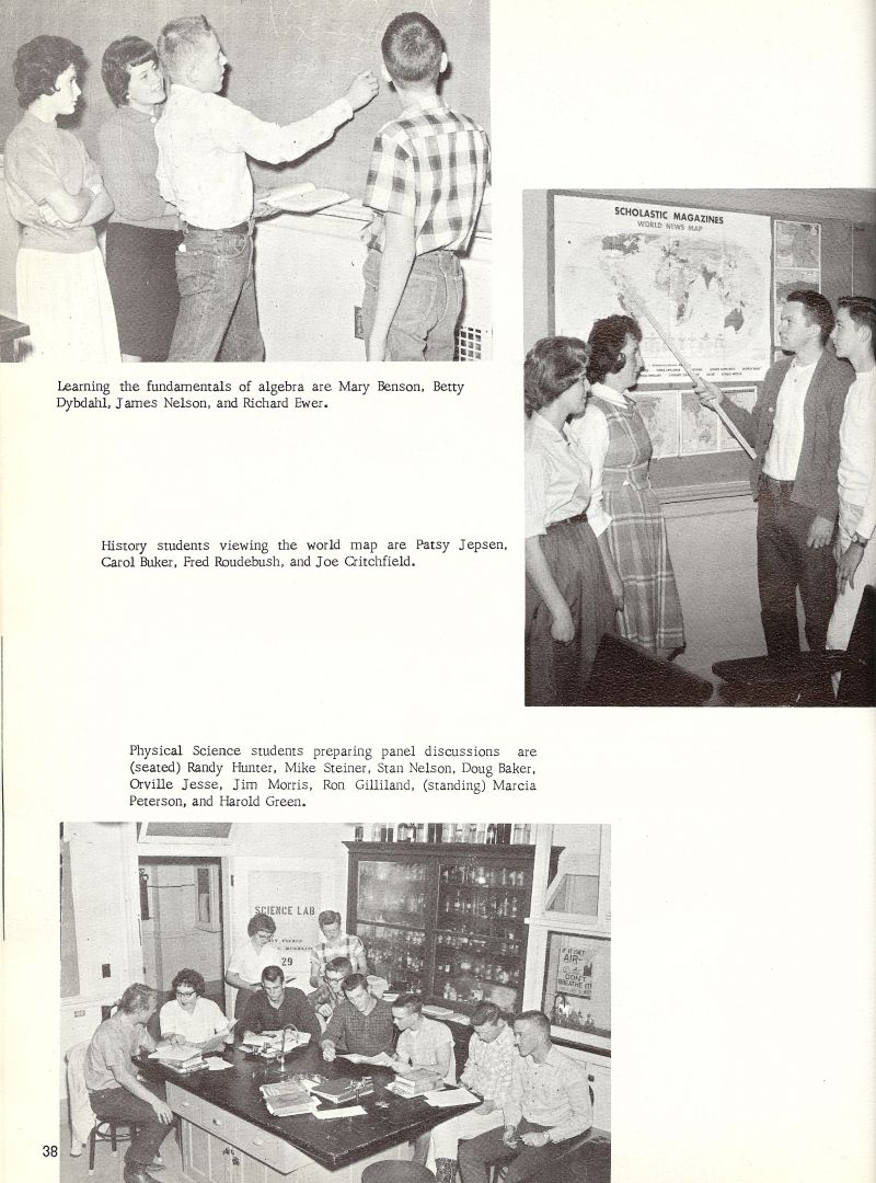 1963 Mary Benson, Betty Dybdahl, James Nelson, Richard Ewer, Patsy Jepsen, Carol Buker, Fred Roudebush, Joe Critchfield, Randy Hunter, Mike Steiner, Stan Nelson, Doug Baker, Orville Jesse, Jim Morris, Ron Gilliland, Marcia Peterson, Harold Green, Buck Green,