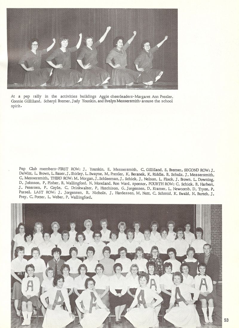 1963 Margaret Ann Presler, Connie Gilliland, Scheryl Bremer, Judy Younkin, Evelyn Messersmith, Younkin, Messersmith, Gilliland, Bremer, Dewitt, Brown, Bauer, Shirley, Swayne, Presler, Beranek, Riddle, Schulz, Messersmith, Messersmith, Morgan, Schleeman, Schick, Nelson, Flock, Brown, Downing, Johnson, Fisher, Billee Wallinford, Moreland, Ron Ward - Sponsor, Schick, Harbert, Peterson, Coyle, Drinkwalter, Hutchison, jorgensen, Kramer, Newcomb, Tryon, Pursel, Jorgensen, Nichols, Hardessen, Nutt, Schmid, Ewald, Burtch, Frey, Potter, Weber, Pearle Wallingford,      