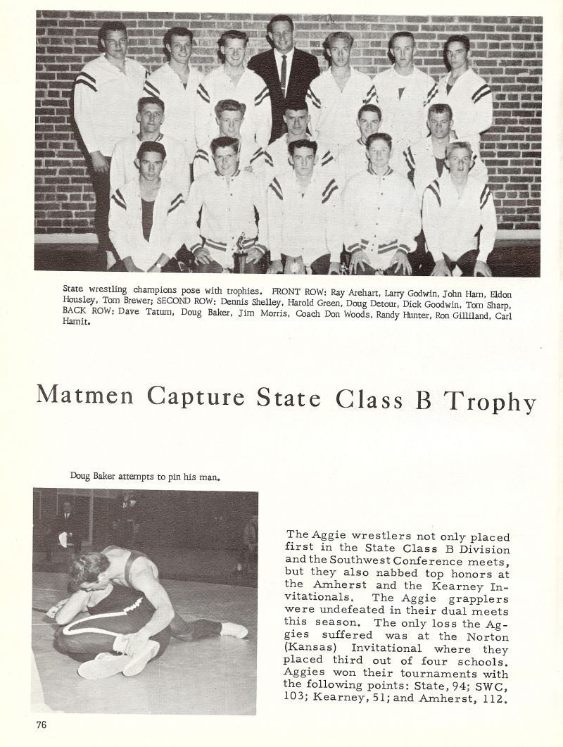 1963 Ray Arehart, Larry Godwin, John Ham, Eldon Housley, Tom Brewer, Dennis Shelley, Buck Green, Doug Detour, Dick Goodwin, Tom Sharp, Dave Tatum, Doug Baker, Jim Morris, Coach Don Woods. Randy Hunter, Ron Gilliland, Carl Hamit, Doug Baker,