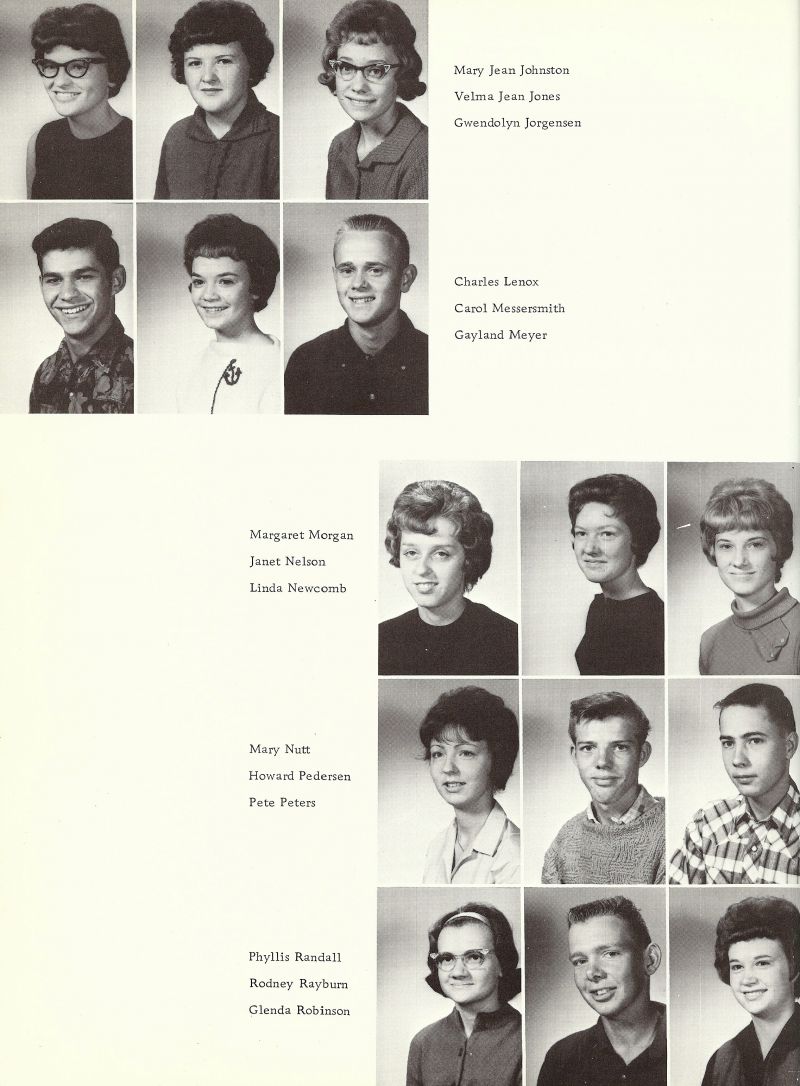 1964 Mary Johnston, Mary Jean Johnston, Velma Jean Jones, Gwendolyn Jorgensen, Gwen Jorgensen, Charles Lenox, Carol Messersmith, Gayland Meyer, Margaret Morgan, Janet Nelson, Linda Newcomb, Mary Nutt, Howard Pedersen, Pete Peters, Phyllis Randall, Rodney Rayburn, Glenda Robinson,  