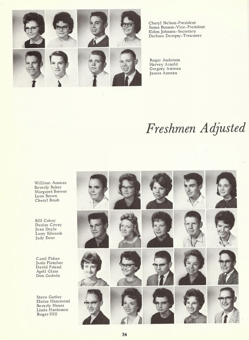 1964 Cheryl Nelson, Susan Benson, Eldon Johnson, Darlene Dempsy Roger Andersen, Harvey Arnold Gregory Assman, James Assman, William Assman, Beverly Baker, Margaret Brewer, Leon Brown, Cheryl Brush, Bill Cahoy, Denise Covey, Jean Doyle, Larry Edwards, Don Edwards, Donald Edwards, Donnie Edwards, Judy Ewer, Carol Fisher, Janis Fletcher, David Friend, April Glaze, Don Godwin, Steve Gorley, Elaine Hammond, Beverly Hanes, Linda Hardesson, Roger Hill,