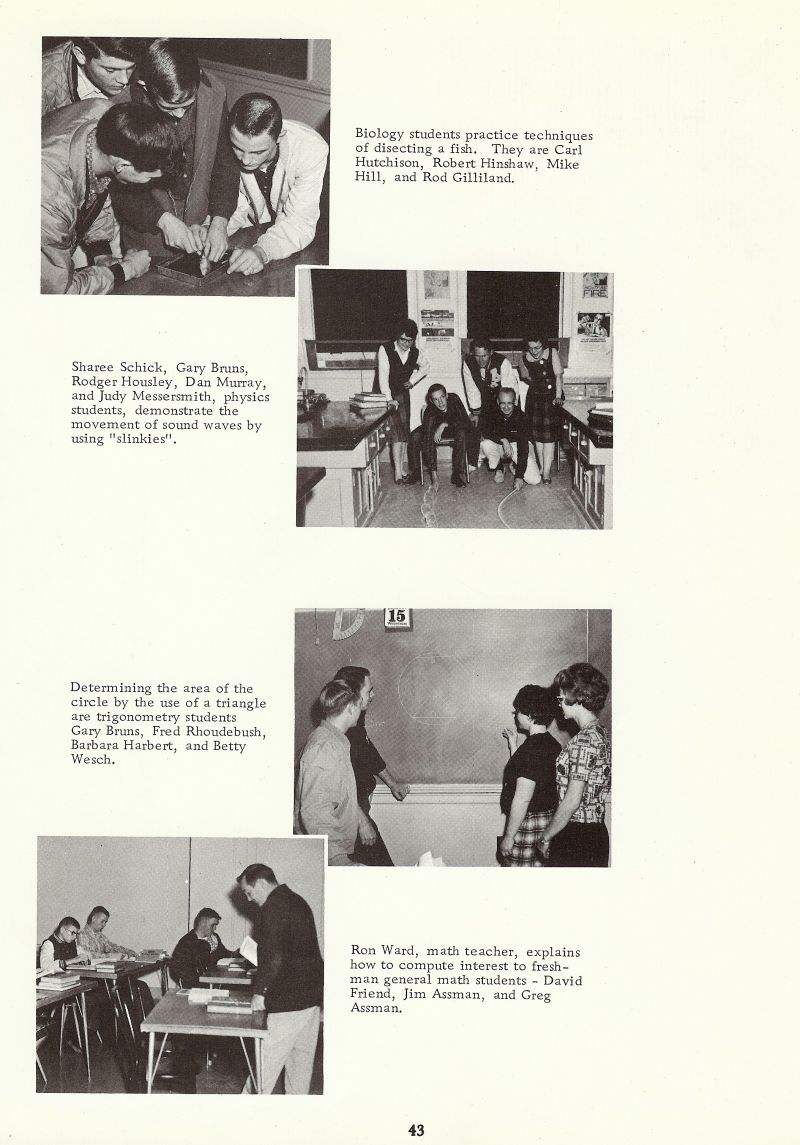 1964 Carl Hutchison, Robert Hinshaw, Mike Hill, Rod Gilliland, Sharee Schick, Gary Bruns, Rodger Housley, Dan Murray, Judy Messersmith, Fred Rhoudebush, Barbara Harbert, Betty Wesch, Ron Ward, David Friend, Jim Assman, Greg Assman