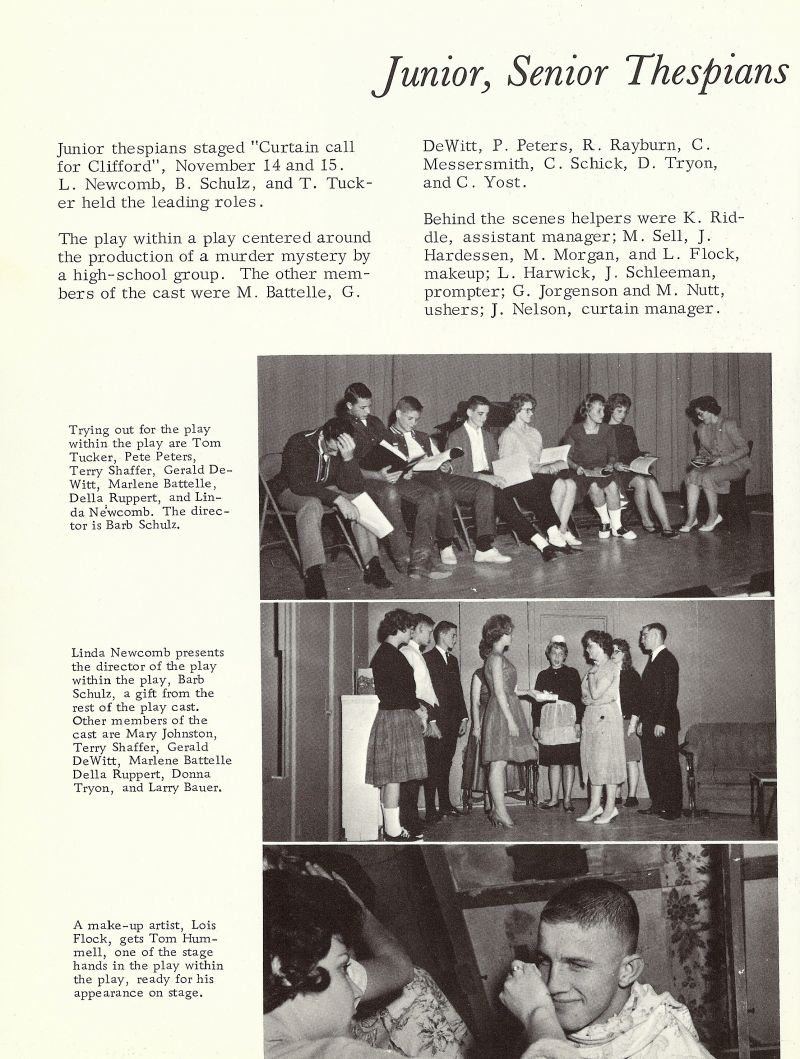 1964 Newcomb, Schulz Tom Tucker, Battelle, Gerald DeWitt, Pete Peters, Rayburn, Messersmith, Schick, Donna Tryon, Connie Yost, Riddle, Sell, Hardessen, Morgan, Lois Ann Flock, Harwick Schleeman, Jorgenson, Nutt, Nelson, Terry Shaffer, Marlene Battelle, Della Ruppert, Linda Newcomb, Barb Schulz, Mary Johnston, Larry Bauer, Lois Flock, Lois Ann Flock, Tom Hummell, 