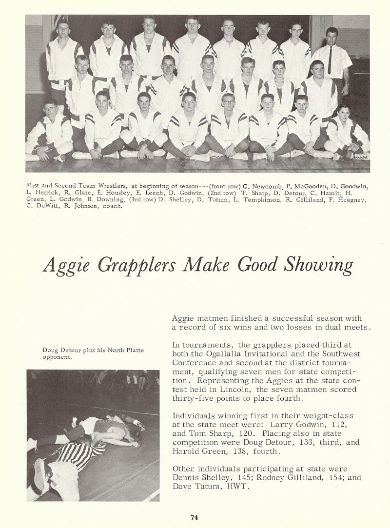 1964 G Newcomb, Pat McGooden, D Goodwin, L Herrick, R Glaze, E Housley, E Leech, Don Godwin, Tom Sharp, Doug Detour, Carl Hamit, Buck Green, Larry Godwin, B Downing, Dennis Shelley, David Tatum, L Tompkinson, Rodney Gilliland, G Dewitt, R Johnson, Doug Detour, Harold Green
