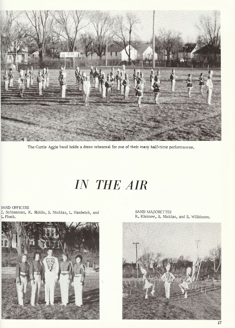 1965 Band Officers: Schleeman, Riddle, Nicklas, Hardwick, Flock.  Band Majorettes: Kleinow, Nicklas, Wilkinson,