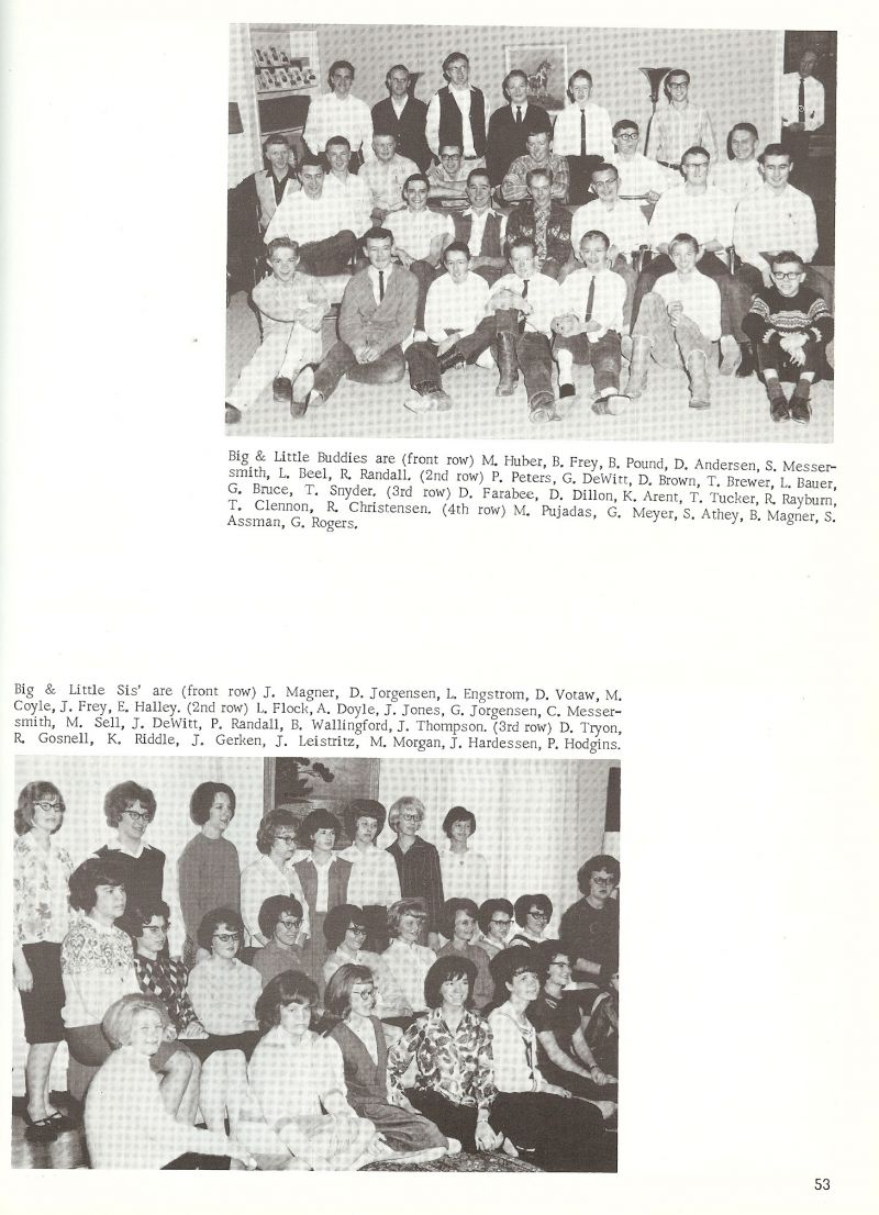 1965 Big and Little Brothers: Huber, Frey, Pound, Doug Andersen, Steve Messersmith, Beel, Randall, Pete Peters, Dewitt, Brown, Brewer, Bauer, Bruce, Snyder, Farabee, Dean Dillon, Arent, Tucker, Rayburn, Clennon, Christensen, Pujadas, Meyer, Athey, Magner, Assman, Rogers,
Big and Little Sisters: Magner, Jorgensen, Engstrom, Votaw, Coyle, Frey, Halley, Flock, Doyle, Jones, Jorgensen, Carol Messersmith, Sell, Dewitt, Randall, Wallingford, Thompson, Donna Tryon, Gosnell, Riddle, Gerken, Judi Leistritz, Morgan, Hardesssen, Hodgins.  