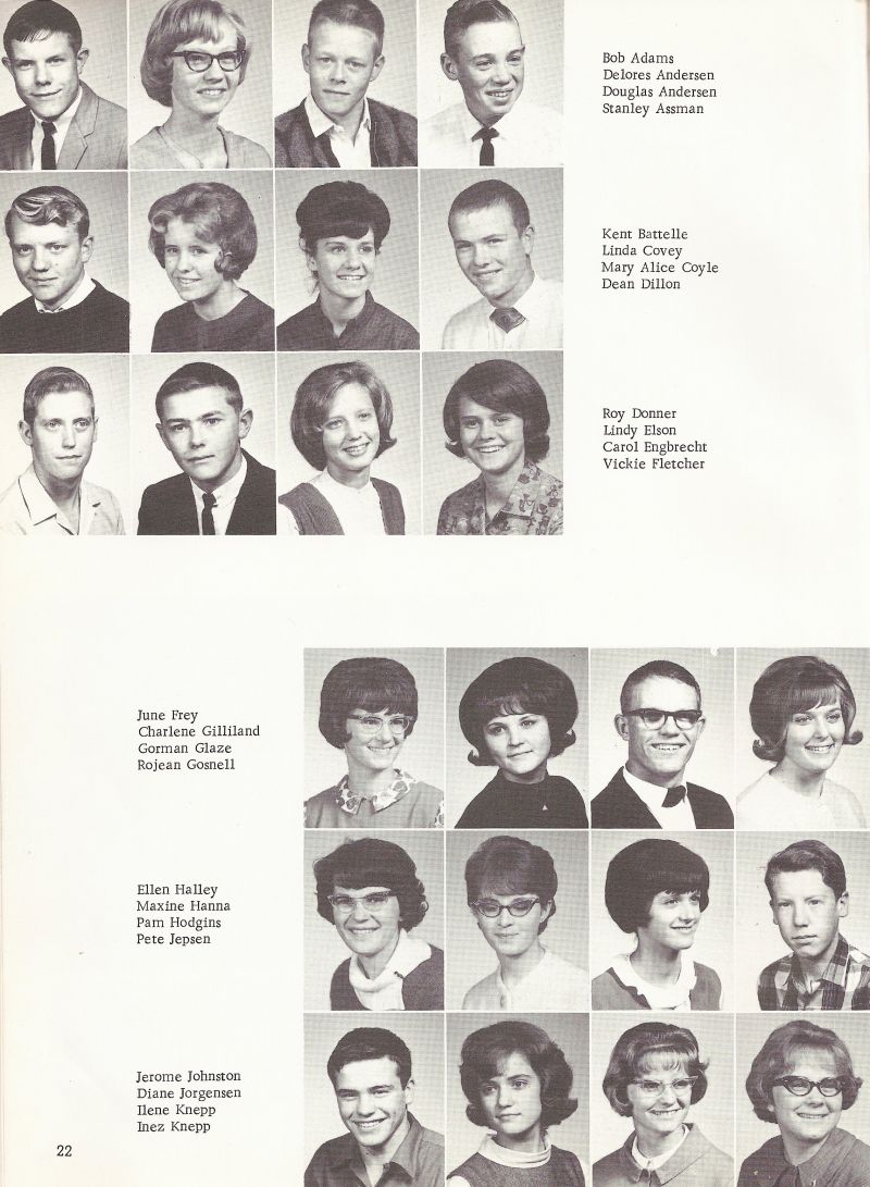 1966 Bob Adams, Delores Andersen, Douglas Andersen, Doug Andersen, Stanley Assman, Kent Battelle, Linda Covey, Mary Alice Coyle, Dean Dillon, Roy Donner, Lindy Elson, Carol Engbrecht, Vickie Fletcher, June Frey, Charlene Gilliland, Gorman Glaze, Rojean Gosnell, Ellen Halley, Maxine Hanna, Pam Hodgins, Pete Jepsen, Jerome Johnston, Diane Jorgensen, Ilene Knepp, Inez Knepp. 
