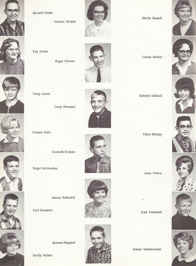 1966 Edward Krone, Marcia Nelson, Sheila Russell, Kay Krone, Roger Ozmun, Coniss Schick, Terry Lenox, Terry Petersen, Scheryl Schnell, Connie Lenz, Kenneth Ralston, Allen Shirley, Roger McGooden, Janice Rothwell, Carl Meissner, Kirk Vreeland, Bernard Ruppert  Anne Votaw, Jolene Werkmeister, Emily Nelsen