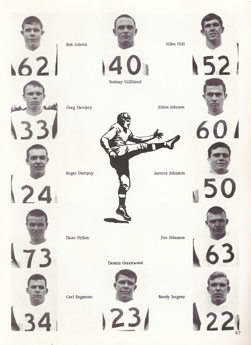 1966 Bob Adams, Rodney Gilliland, Mike Hill, Greg Dempcy, Eldon Johnson, Roger Dempcy, Jerome Johnston, Dean Dillon, Dennis Greenwood, Jim Johnston, Carl Engstrom, Randy Jurgens. 
