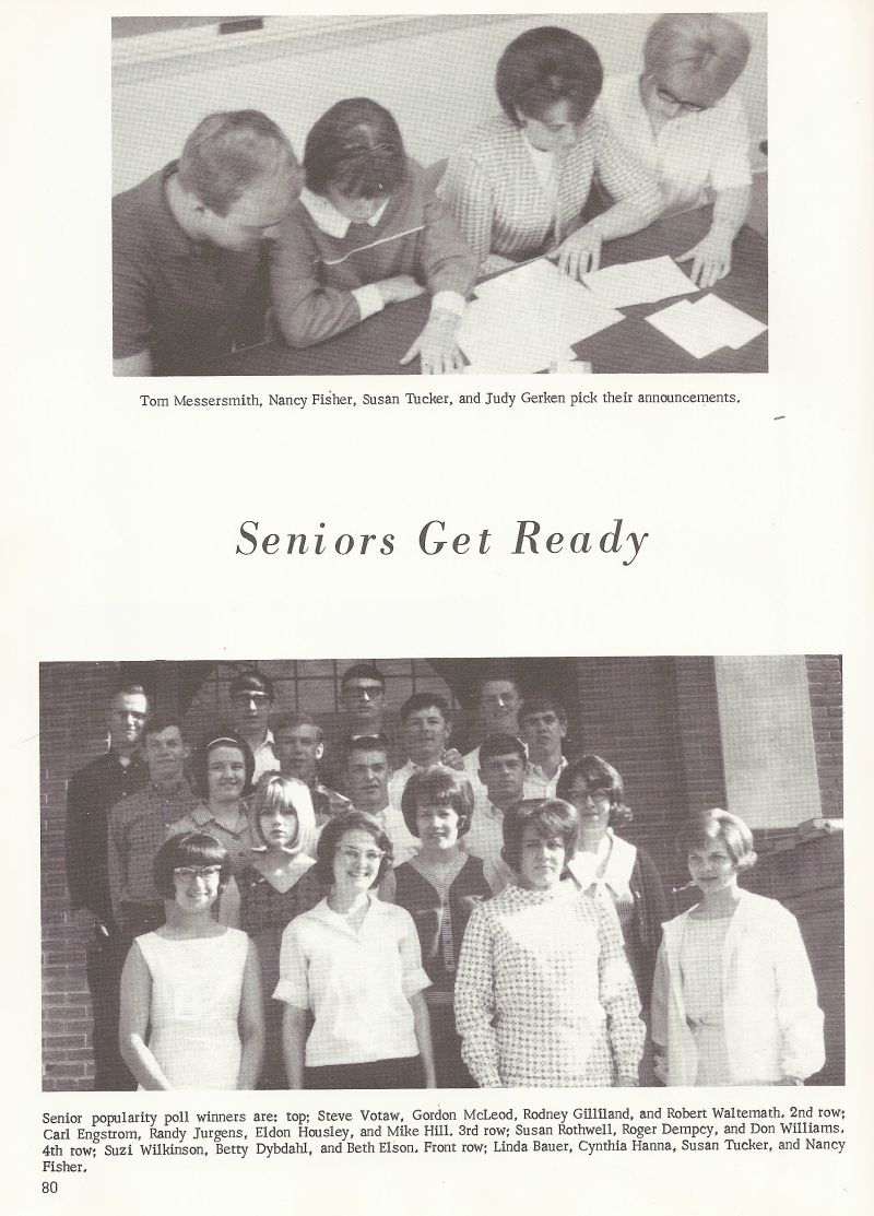 1966 Tom Messersmith, Nancy Fisher, Susan Tucker, Judy Gerken, Steve Votaw, Gordon McLeod, Rodney Gilliland, Robert Waltemath, Carl Engstrom, Randy Jurgens, Eldon Housley, Mike Hill, Susan Rothwell, Roger Dempcy, Don Williams, Suzi Wilkinson, Betty Dybdahl, Beth Elson, Linda Bauer, Cynthia Hanna, Susan Tucker, Nancy  Fisher.
