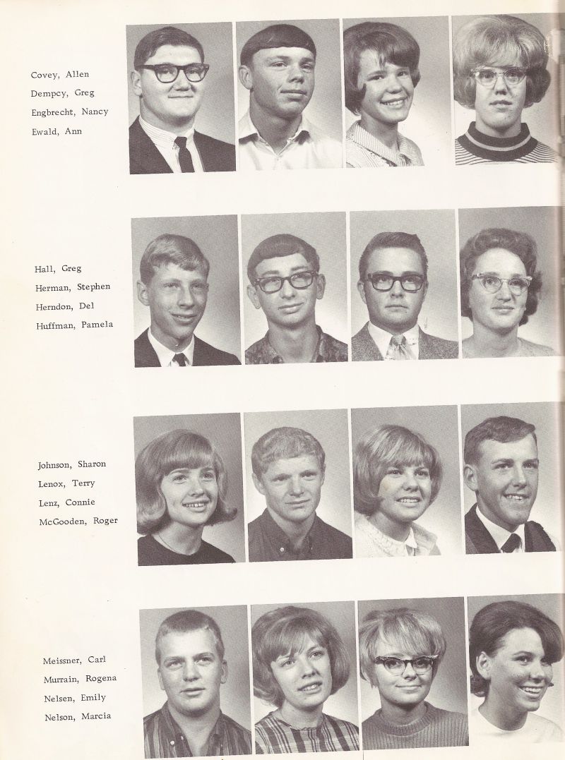 1967 Allen Covey, Greg Dempcy, Nancy Engbrecht, Ann Ewald, Greg Hall, Stephen Herman, Del Herndon, Pamela Huffman, Sharon Johnson, Terry Lenox, Connie Lenz, Roger McGooden, Carl Meissner, Rogena Murrain, Emily Nelsen, Marcia Nelson. 