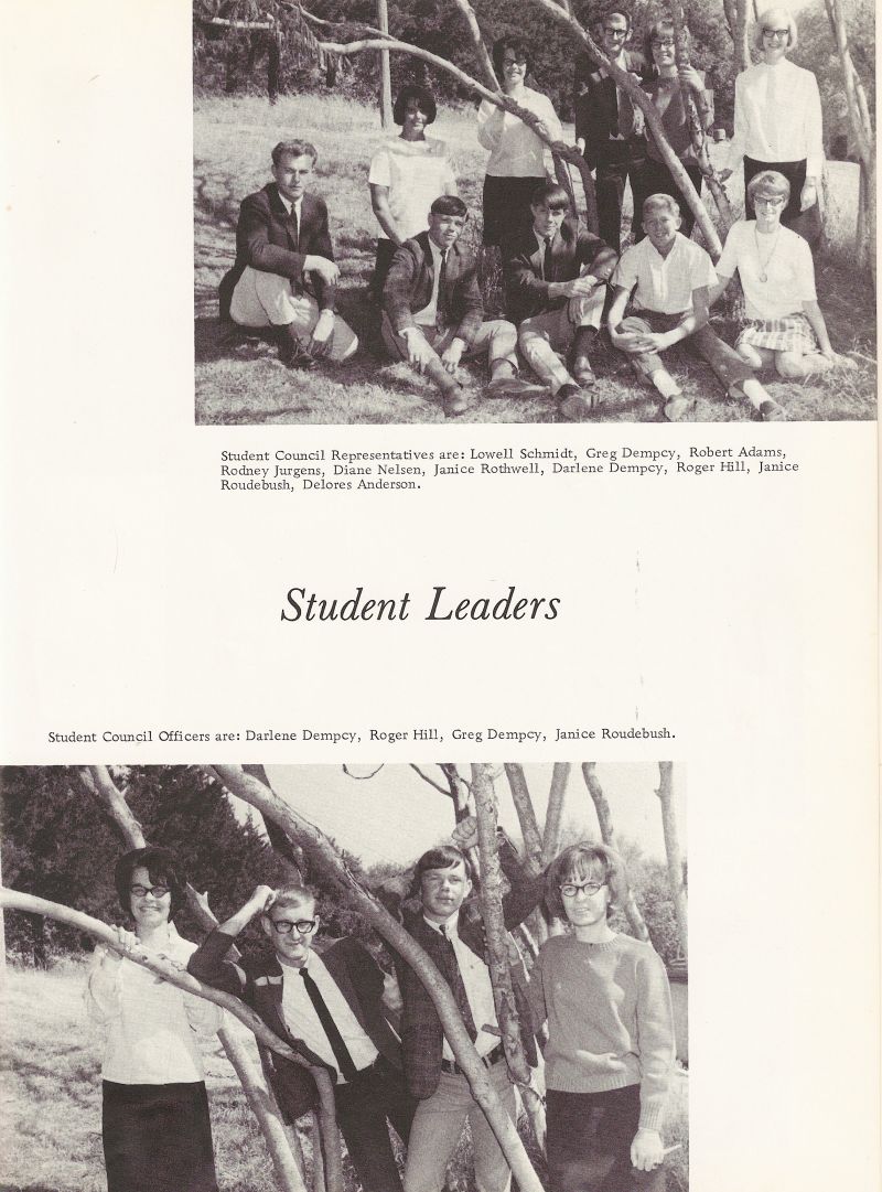 1967 Lowell Schmidt, Greg Dempcy, Robert Adams, Rodney Jurgens, Diane Nelsen, Janice Rothwell, Darlene Dempcy, Roger Hill, Janice Roudebush, Delores Anderson,Delores Andersen, Officers: Darlene Dempcy, Roger Hill, Greg Dempcy, Janice Roudebush,