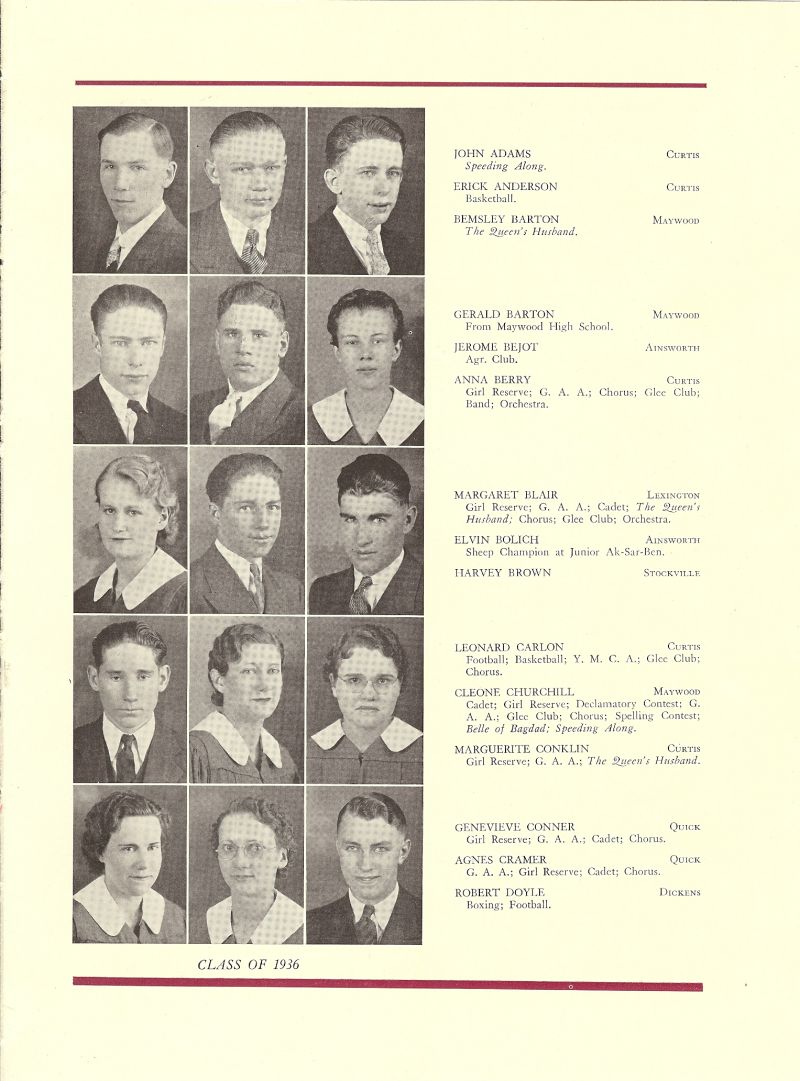1936 John Adams, Erick Anderson, Bemsley Barton, Gerald Barton, Jerome Bejot, Anna Berry, Margaret Blair, Elvin Bolich, Harvey Brown, Leonard Carlon, Cleone Churchill, Marguerite Conklin, Geneieve Conner, Agnes Cramer, Robert Doyle,