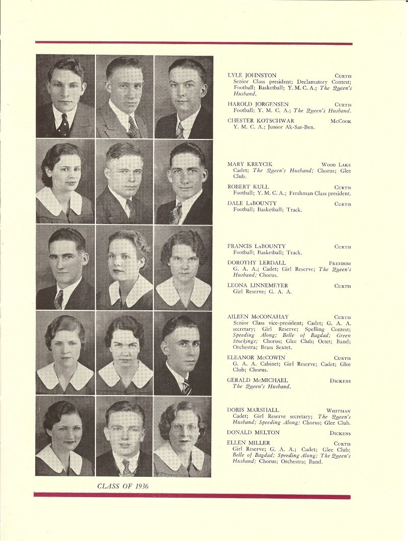 1936 Lyle Johnston, Harold Jorgensen, Chester Kotschwar, Mary Kreycik, Robert Kull, Dale LaBounty, Dorothy Lerdall, Leona Linnemeyer, Aileen McConahay, Eleanor McCowin, Gerald McMichael, Doris Marshall, Donald Melton, Ellen Miller,
