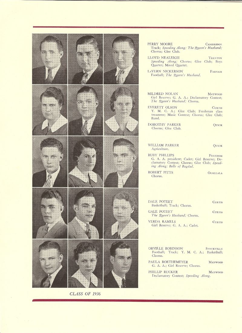 1936 Perry Moore, Lloyd Nealeigh, LaVern Nickerson, Mildred Nolan, Everett Olson, Dorothy Parker, William Parker, Ruby Phillips, Robert Pitts, Dale Poteet, Gale Poteet, Verda Ramels, Orville Robinson, Paula Roethemeyer, Phillip Rucker,