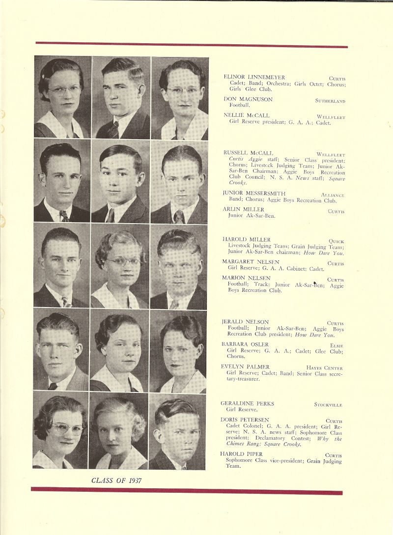 1937 Elinor Linnemeyer, Don Magnuson, Nellie McCall, Russell McCall, Junior Messersmith, Arlin Miller, Harold Miller, Margaret Nelsen, Marion Nelsen, Jerald Nelson, Barbara Osler, Evelyn Palmer, Geraldine Perks, Doris Petersen, Harold Piper,