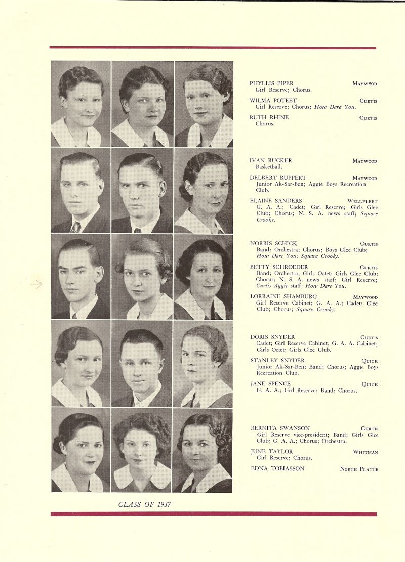 1937 Phyllis Piper, Wilma Poteet, Ruth Rhine, Ivan Rucker, Delbert Ruppert, Elaine Sanders, Norris Schick, Betty Schroeder, Lorraine Shamburg, Doris Snyder, Stanley Snyder, Jane Spence, Bernita Swanson, June Taylor, Edna Tobiasson,