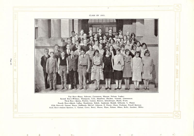 Volume_III Lenard Beery, Spurgin Schwanz, Dale Carstensen, Elwin Hansen, Tyre Nelson, Jay Loghry, James Withers, William Thompson, Orville Cole, Lloyd Hamilton, Margaret Hayden, Cassie Vernam, Veda Linnemeyer, Marion Quinn, Alfred Peebles, Delbert Conner, Norwood Bristow, Violet Schrotberger, Elsie Hecht, Mamie Evans, Aaron Quick, John LaRue, Arthur Rundstrom, Marjorie Schick, Beta Anderson, Vida Brandt, Alice Gilkeson, Lois Poteet, Glenn Garton, Arthur Pierce, Harold DaMoude, Ruby McCall, Geraldine Johnson, Eva Poteet, Geraldine Chase, Lillian Fischtner, Sponsor Winnie Powell. Sponsor George Adams. Larry Garton, Raymond Curry, John Berry, Leonard Phares, Margaret Piper, Freda Palmer, Kathleen Hines, Bernice Kelly, Margaret Gardner, Belva Miller,