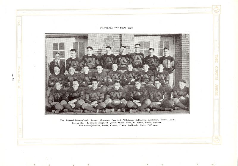 Volume_III Coach Dean Johnson. Charlie Jensen, Charley Moosman, Charles Crawford, Earl Wilkinson, Delbert LaBounty, Earl Carstensen, Coach Ralph Becker. Louis Schick, Wayne Shepherd, Edmund Quinn, Marion Miller, Ernest Ervin, Glenn Schick, Ogden Riddle, Vernon Peterson, Oliver Johnston, Jay Buker, Richard Cramer, Harrison DaMoude, Kenneth Cross, DeFrance,