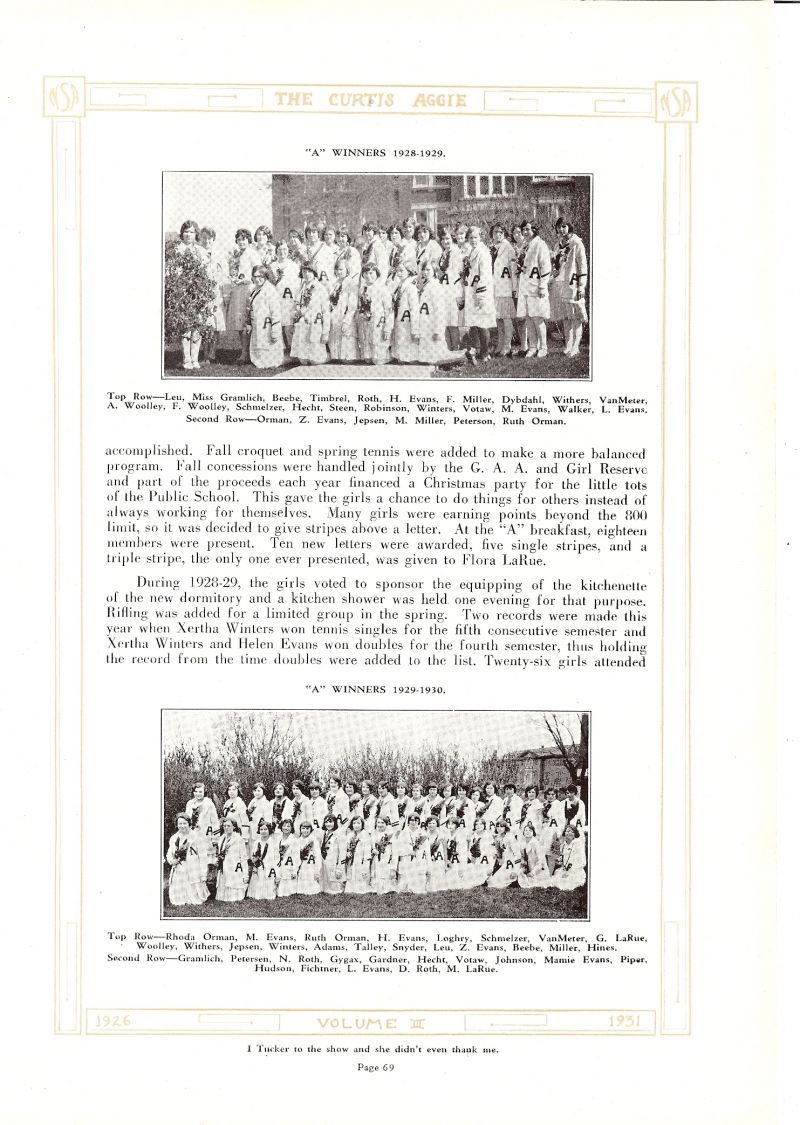 Volume_III Grayce Leu, Coach Edith Gramlich. Opal Beebe, Marcella Timbrel, Dorothy Roth, Helen Evans, F Miller, Esther Dybdahl, Neva Withers, Helen VanMeyer, Amy Woolley, Frances Woolley, Josephine Schmelzer, Ida Hecht, Steen, Bessie Robinson, Xertha Winters, Ida Votaw, Margaret Evans, Dorotha Walker, Laura Evans, Rhoda Orman, Zora Evans, Esther Jepsen, Mae Miller, Ruth Orman, Dorothea Loghry, Geneva LaRue, Bernice Winters, Dorothy Adams, Arlie Talley, Annabell Snyder, Kathleen Hines, Elna Petersen, Nellie Roth, Bertha Gygax, Margaret Gardner, Goldene Johnson, Mamie Evans, Dorothy Piper, Hudson, Lillian Fichtner, Mary LaRue, Ebba Petersen,