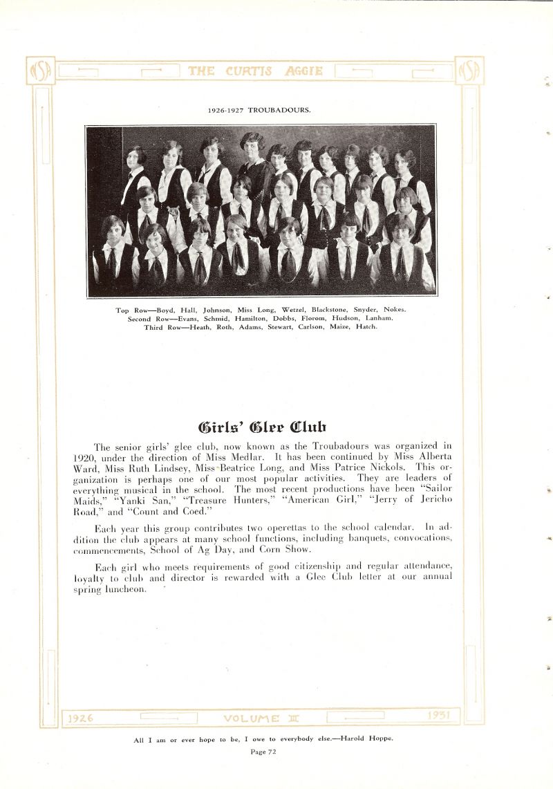 Volume_III Boyd, Hazel Hall, Norma Johnson, Director Bernice Long. Freda Scharf, Freda Wetzel, Hollis Blackstone, Mary Snyder, Bernice Nokes, Laura Evans, Freda Schmid, Ethel Hamilton, Frances Dobbs, Florom, Greta Hudson, Ferrell Lanham, Edna Heath, Nellie Roth, Dorothy Adams, Kathleen Stewart, Carlson, LaDene Maize, Verna Hatch, 