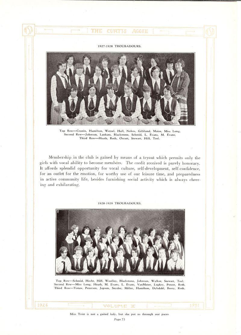 Volume_III Mary Cronin, Ethel Hamilton, Freda Scharf, Freda Wetzel, Hazel Hall, Bernice Nokes, Wanda Gilliland, LaDene Maize, Director Bernice Long. Bertha Johnson, Ferrell Lanham, Hollis Blackstone, Freda Schmid, Laura Evans, Margaret Evans, Edna Heath, Nellie Roth, Orcutt, Katherine Stewart, Fae Hill, Alice Teel, Iva Hecht, Ione Hill, Frances Woolley, Dorotha Walker, Helen VanMeter, Dorothea Loghry, Sylvia Poteet, Ida Votaw, Ebba Petersen, Esther Jepsen, Mary Snyder, Bilva Miller, Esther Dybdahl, Lulu Berry,