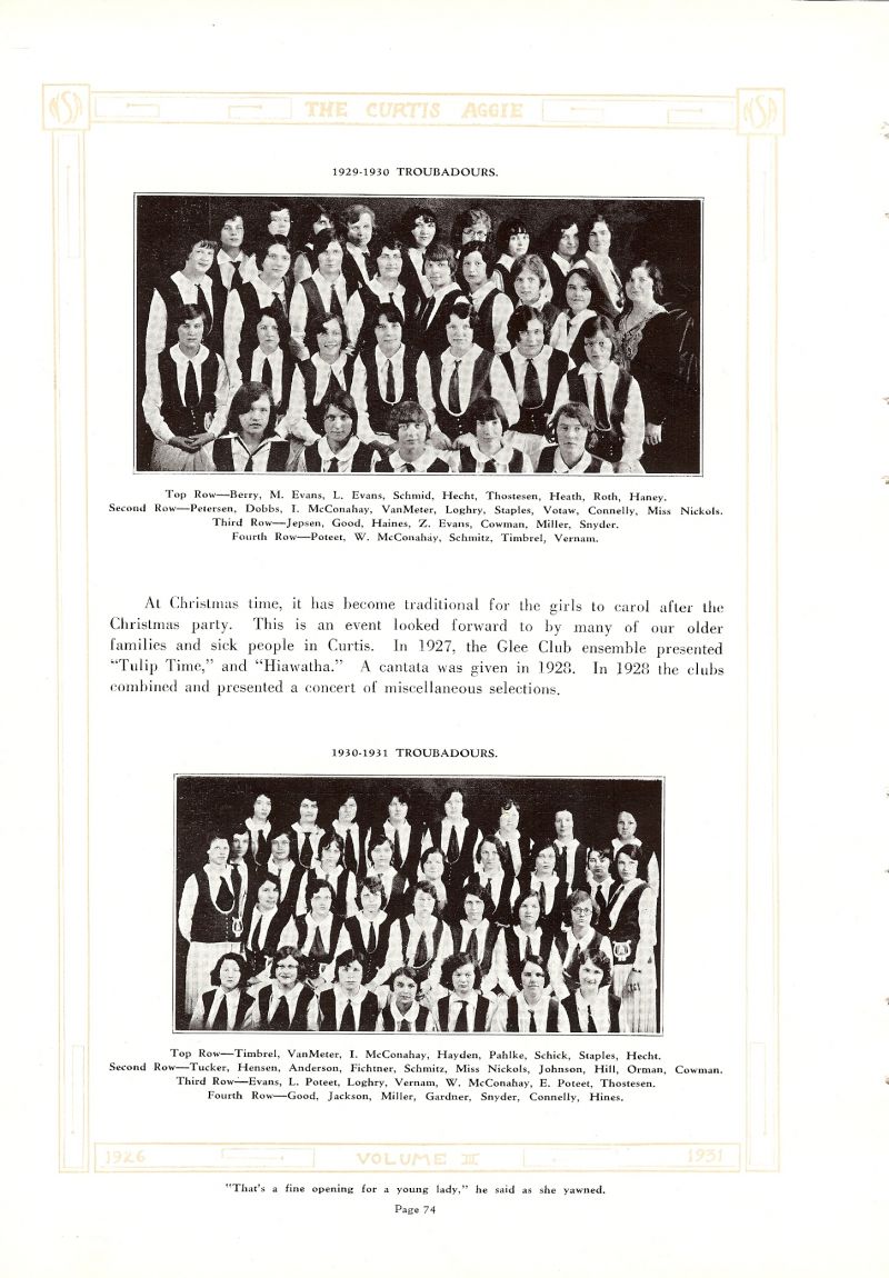 Volume_III Lulu Berry, Margaret Evans, Laura Evans, Freda Schmid, Iva Hecht, Lorene Thostesen, Edna Heath, Dorothy Roth, Bernice Haney, Ebba Petersen, Frances Dobbs, Ilda McConahay, Helen VanMeter, Dorthea Loghry, Fay Staples, Ida Votaw, Claricie Connelly, Director Patrice Nickols. Esther Jepsen, Grayce Good, Haines, Zora Evans, Ione Cowman, Mae Miller, Annabel Snyder, Sylvia Poteet, Wanda McConahay, Grace Schmitz, Irene Timbrel, Cassie Vernam, Margaret Hayden, Bertha Pahlke, Marjorie Schick, Iva Tucker, Naomi Hensen, Beta Anderson, Lillian Fichtner, Goldene Johnson, Yvonne Jackson, Margaret Gardner,Kathleen Hines,