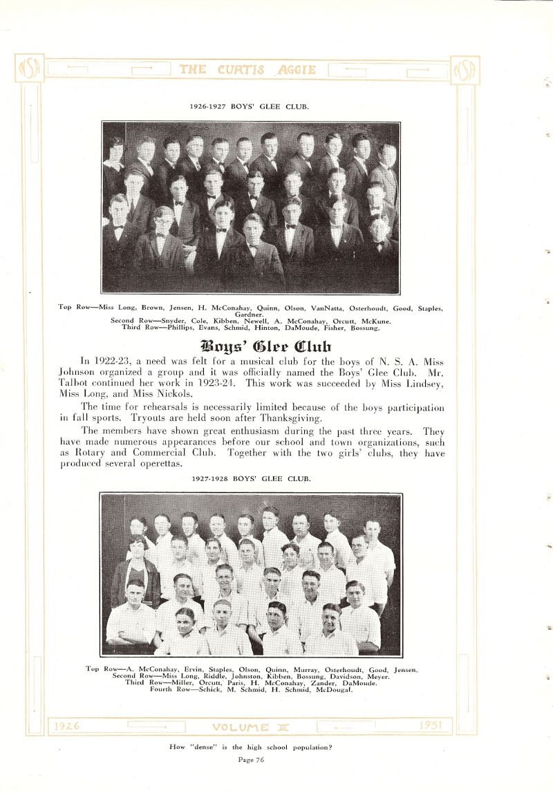 Volume_III Director Bernice Long. Brown, Charles Jensen, Harold McConahay, Edwin Quinn, Martin Olson, Lloyd VanNatta, Henry Osterhoudt, Allen Good, Staples, Gardner, Henry Snyder, Hazel Cole, Oliver Kibben, George Newell, Alva McConahay, Leslie Orcutt, McKune, Stanley Phillips, Ray Evans, Howard Schmid, Dale Hinton, Harrison DaMoude, Fisher Clifford Bossung, Lloyd Ervin, Ray Murray, Ogden Riddle, Oliver Johnston, Davidson, Alfred Meyer, Marion Miller, Paris, Edwin Zander, Gerald Schick, Marvin Schmid, Harold Schmid, Ray McDougal,