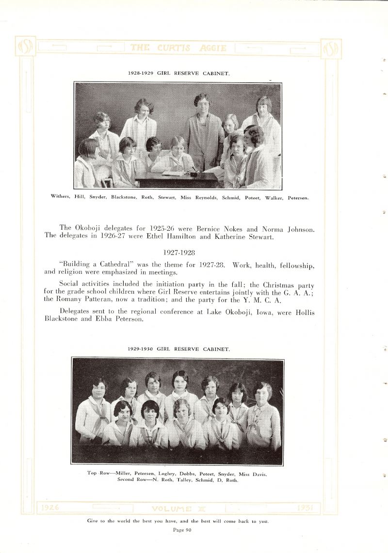 Volume_III Neva Withers, Fae Hill, Annabel Snyder, Hollis Blackstone, Nellie Roth, Katherine Stewart, Sponsor Reynolds. Freda Schmid, Sylvia Poteet, Dorotha Walker, Ebba Petersen, Mae Miller, Dorothea Loghry, Frances Dobbs, Sponsor Harriet Davis. Nellie Roth, Artley Talley, Dorothy Roth,