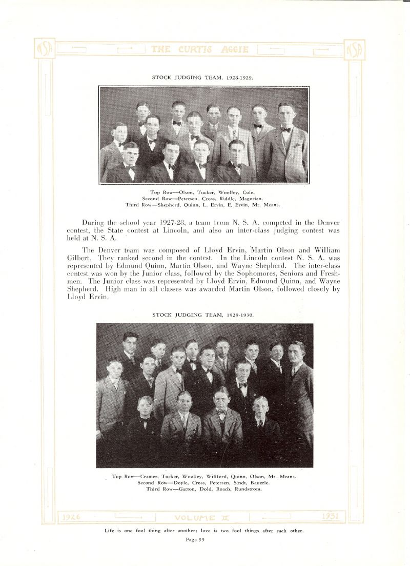 Volume_III Martin Olson, Marvin Tucker, George Woolley, Orville Cole, Ralph Peterson, Kenneth Cross, Ogden Riddle, Magorian, Wayne Shepherd, Edmund Quinn, Lloyd Ervin, Ernest Ervin, Sponsor Cecil Means. Richard Cramer, Theodore Doyle, Albert Sindt, Fred Bauerle, Glenn Garton, Harley Dold, Raymond Roach, Arthur Rundstrom,  